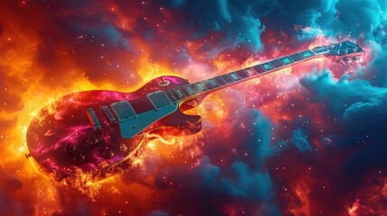 A guitar placed in the center of a vibrant and colorful backdrop, showcasing the beauty of the instrument against a lively setting. - obrazy, fototapety, plakaty