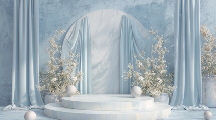 Elegant podium set against a dreamy pastel blue studio background generative ai