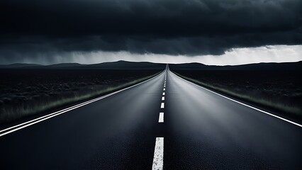 An empty road under a stormy sky, evoking a sense of solitude and anticipation. - obrazy, fototapety, plakaty