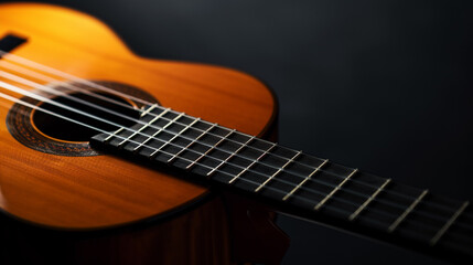 Fototapeta na wymiar Classical guitar close up, dramatically lit on a black background with copy space. Generative Ai