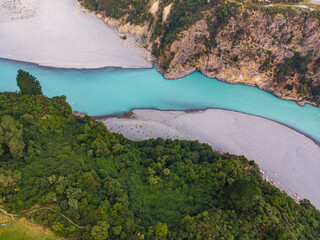 aerial panorama of unique rakaia gorge in canterbury, new zealand south island; 
