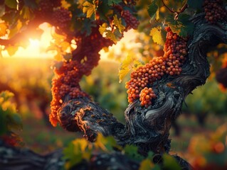 A cluster of ripe grapes hanging from a tree in a vineyard. - obrazy, fototapety, plakaty