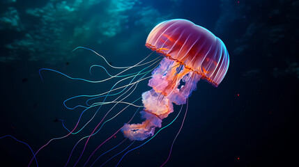 Beautiful glowing jellyfish in the depths, concept of underwater world and marine ecology