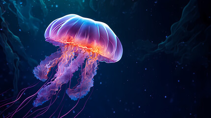 Beautiful glowing jellyfish in the depths, concept of underwater world and marine ecology