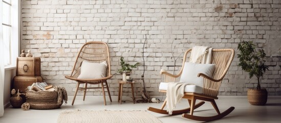 Cozy Setup with Rocking Chair, Rug, and Basket against White Brick Wall - obrazy, fototapety, plakaty
