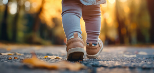 Close-up of Toddler's Feet Taking Steps in Autumn Park during Golden Hour, banner - obrazy, fototapety, plakaty