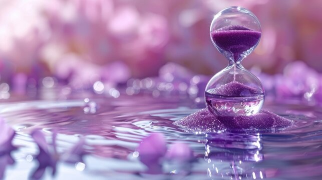 A purple sand clock partially submerged in a body of water, showcasing the contrast between the timepiece and the liquid element. - Powered by Adobe