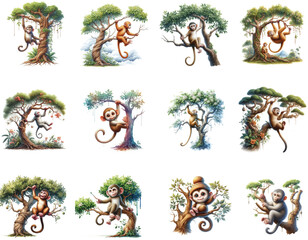 Funny Monkeys friends on the tree animal cartoon in wild nature