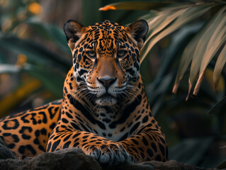 jaguar in its habitat alert and staring at the camera with bokeh background