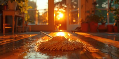 A mop is placed on top of a wooden floor, ready for use, under the sunlight.