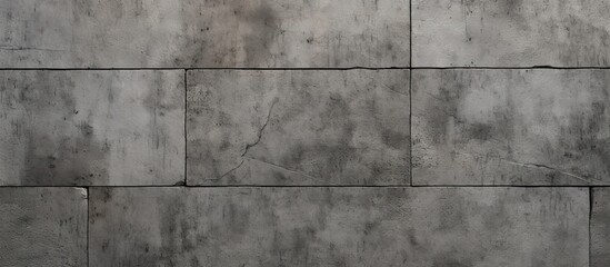 A close up of a grey concrete wall adorned with rectangular tiles in a parallel pattern, showcasing the symmetry and monochrome beauty of composite material used as building flooring