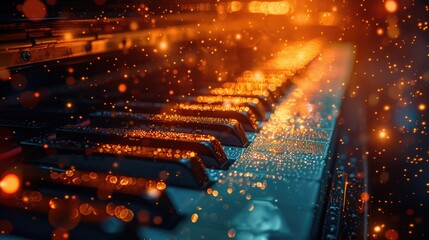 A piano exposed to the elements, raindrops falling on its keys and wooden frame, slowly deteriorating over time. - obrazy, fototapety, plakaty
