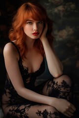 Redhead Model with Red Lipstick in Lace Attire