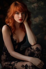Fototapeta premium Redhead Model with Red Lipstick in Lace Attire