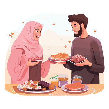 Neighbors sharing plates of Eid treats and sweets 