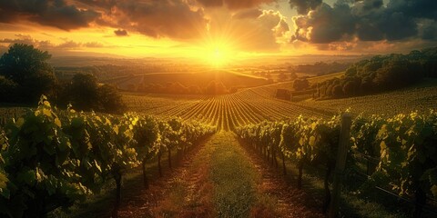 The sun is setting over a vineyard, casting a warm light on the rows of grapevines.