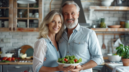 Happy married couple husband and wife prepare a delicious salad, healthy food, people smiling and happy in the kitchen