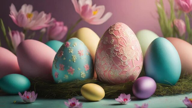4K Video Happy Easter greeting background with colorful easter eggs and flowers on pink background. Easter Bunny and hatched eggs, Happy Easter