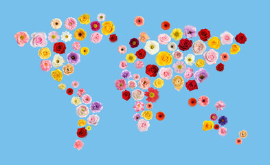 World map made of beautiful flowers on light blue background, banner design