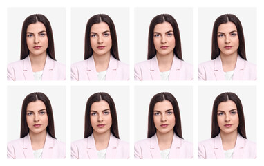 Passport photo, collage. Woman on white background, set of photos