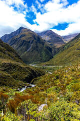 Fototapeta premium panorama of otira valley in arthur's pass national park, canterbury, new zealand south island; scenic valley with rushing river surrounded with mighty mountains