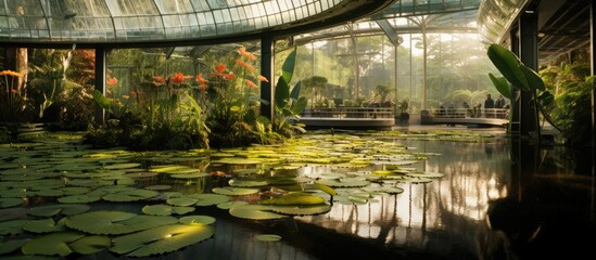 Fototapeta na wymiar Interior of glasshouse with roof reflected in pond with lily pads.