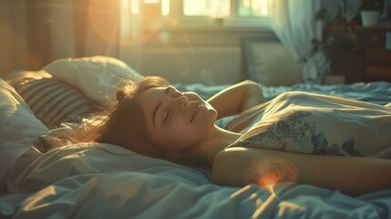Woman stretching in bed after wake up, Pretty young woman in modern apartment stretching after wake up. Image of young smiling pretty lady lies in bed indoors. Eyes closed. - obrazy, fototapety, plakaty