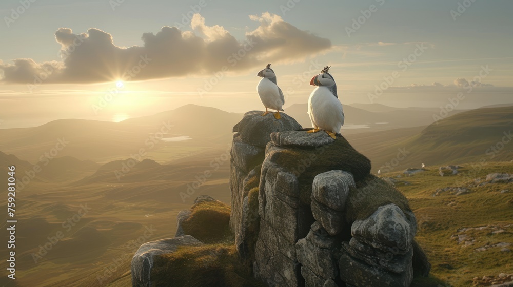 Poster two seagulls sitting on the edge of a cliff with a view of the ocean and mountains in the background