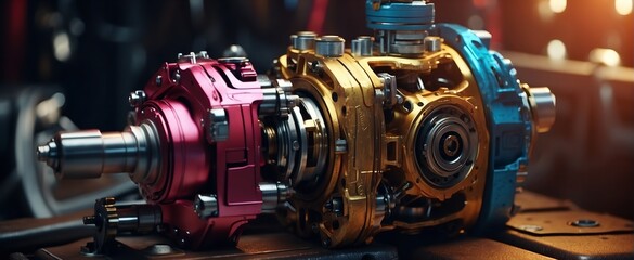 Highly detailed mechanical engine components stand out with a pop of color against a dark backdrop - obrazy, fototapety, plakaty