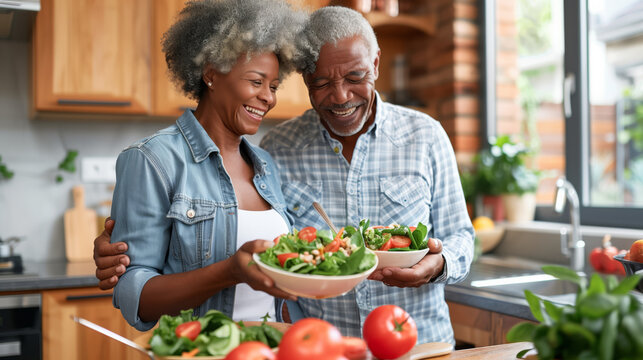 Happy married couple husband and wife prepare a delicious salad, healthy food, people smiling and happy in the kitchen