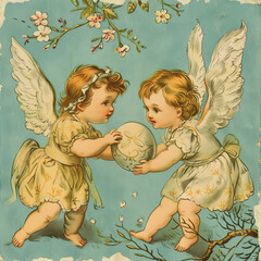 Vintage card with Easter angels in blue colors. - 759282805