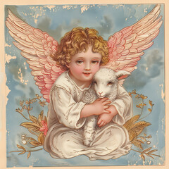 vintage card with angel and lamb in the meadow - 759282815