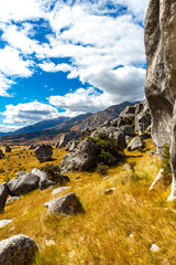 panorama of castle hill, famous hill with large boulders in canterbury, new zealand south island