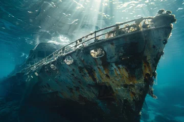 Tuinposter A shipwreck is seen in the ocean with a lot of debris and fish swimming around it. Scene is eerie and mysterious, as the ship is long gone and the ocean is filled with life © Yuliia