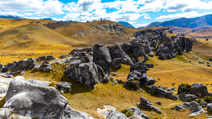 panorama of castle hill, famous hill with large boulders in canterbury, new zealand south island