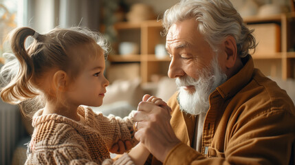 A grandfather smiles and holds his granddaughter's hand while sitting on the sofa in his flat
