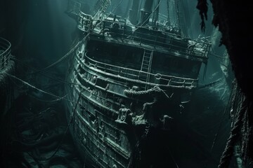 A shipwreck is seen in the ocean with a lot of debris and fish swimming around it. Scene is eerie and mysterious, as the ship is long gone and the ocean is filled with life - obrazy, fototapety, plakaty