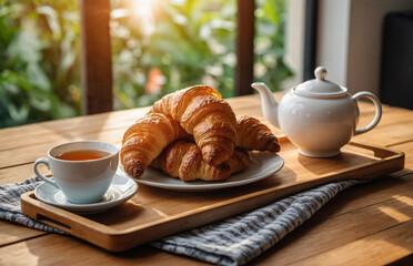 cup of coffee, tea and croissant on table