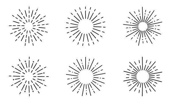 Fireworks, star burst doodle set.  Festive fireckrackers, sunburst explosion, Sparkles in sketch style. Hand drawn vector illustration isolated on white background