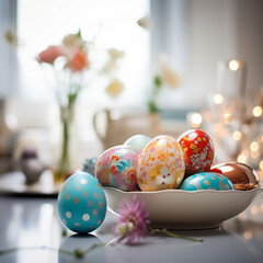 Fototapeta na wymiar multicolored Easter eggs and branch with flowers on wooden table
