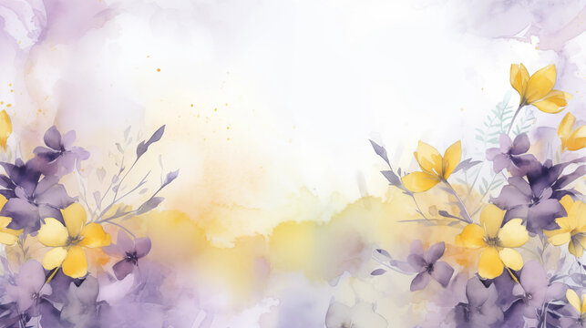 Elegant Watercolor Floral Background with Purple and Yellow Flowers.