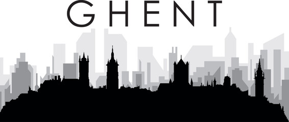 Obraz premium Black cityscape skyline panorama with gray misty city buildings background of GHENT, BELGIUM