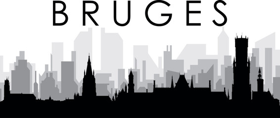 Naklejka premium Black cityscape skyline panorama with gray misty city buildings background of BRUGES, BELGIUM
