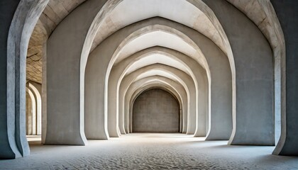 A vertical internal circular cylindre corridor with minimalist space, an ogive circular roof, white sand --no wall
