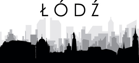 Black cityscape skyline panorama with gray misty city buildings background of LODZ, POLAND - obrazy, fototapety, plakaty