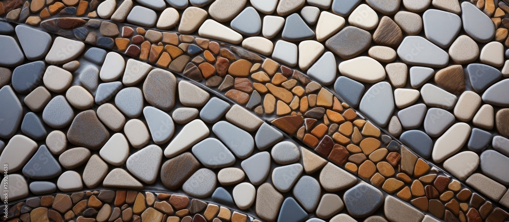 Poster a detailed shot of a wall made of a vibrant mosaic of rocks, showcasing the intricate patterns and t