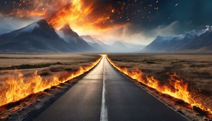 An asphalt road in the middle of nowhere with fire flame and spark effects - obrazy, fototapety, plakaty