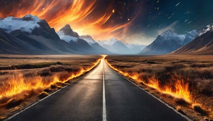 An asphalt road in the middle of nowhere with fire flame and spark effects - obrazy, fototapety, plakaty