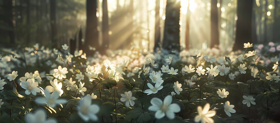 white flowers in the woods with sunshine - obrazy, fototapety, plakaty