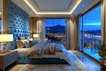 A large bedroom with a view of the city. The room is decorated with a black bed, a white bedspread, and a black and white rug. The room has a modern and sophisticated feel